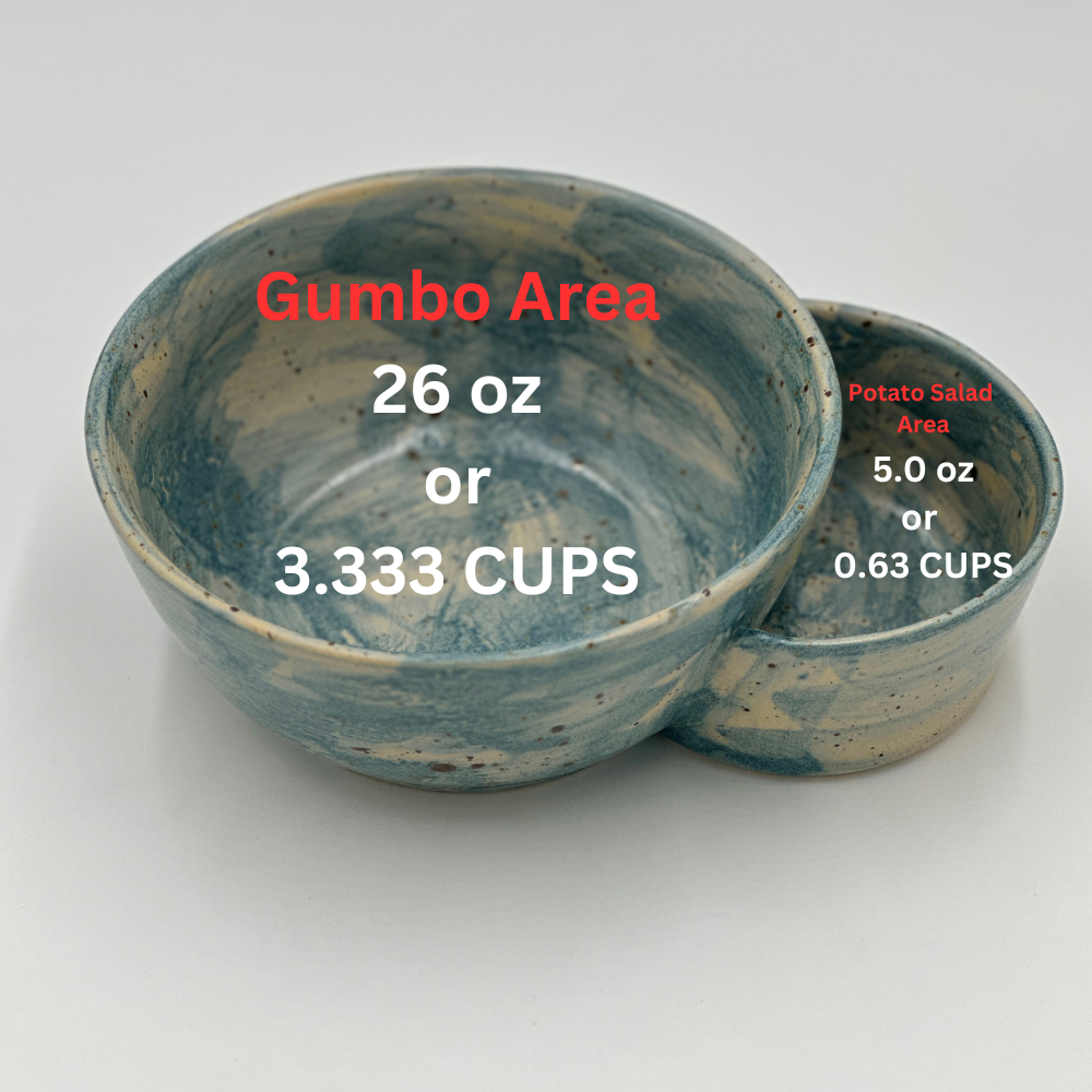 One Gumbo bowl with potato salad bowl attached